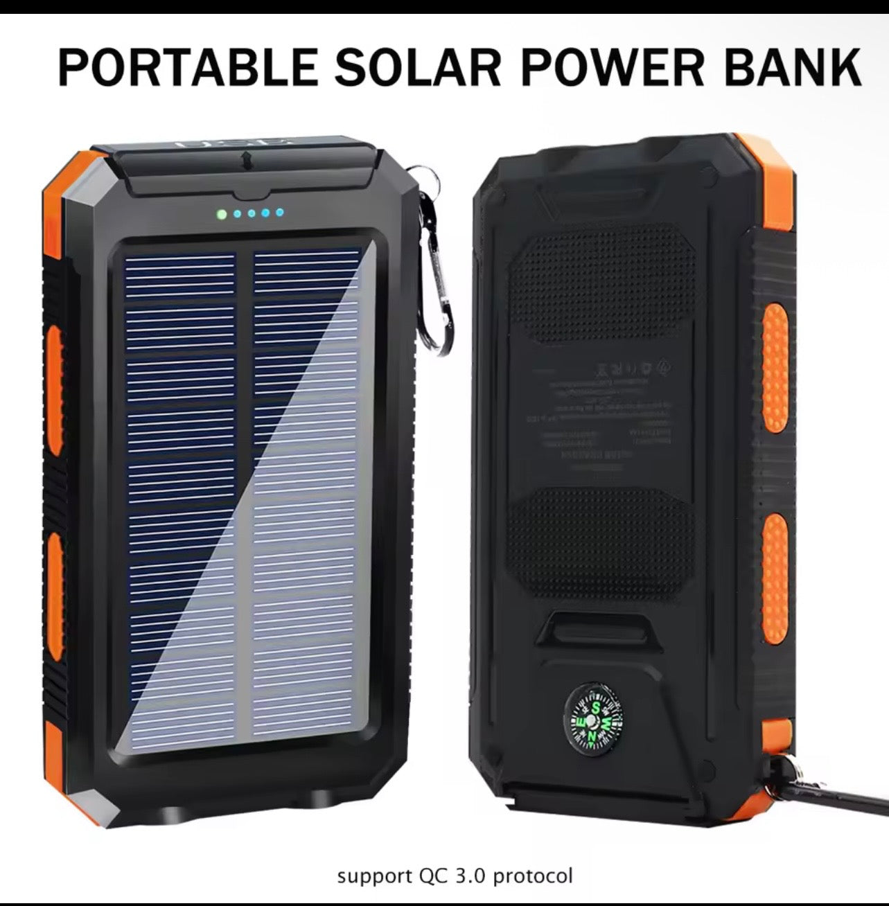 20000mAh Solar Charger Waterproof Portable Solar Power Bank Dual 5V USB Ports 2 LED Flashlight Compass for Outdoor Camping Hik